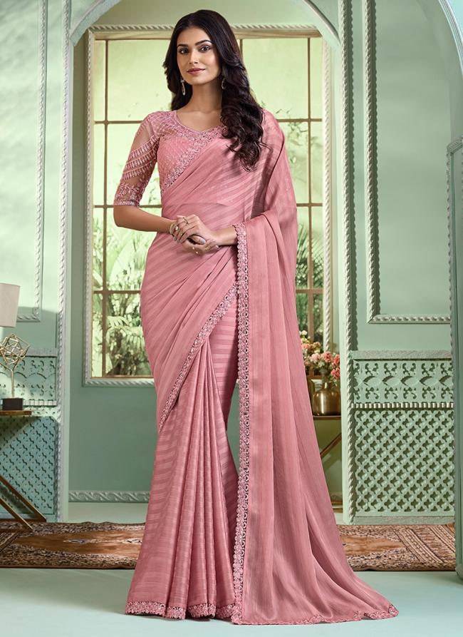 Georgette Baby Pink Party Wear Embroidery Work Saree